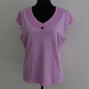Purple color V-neck short Sleeve Top, with beads details